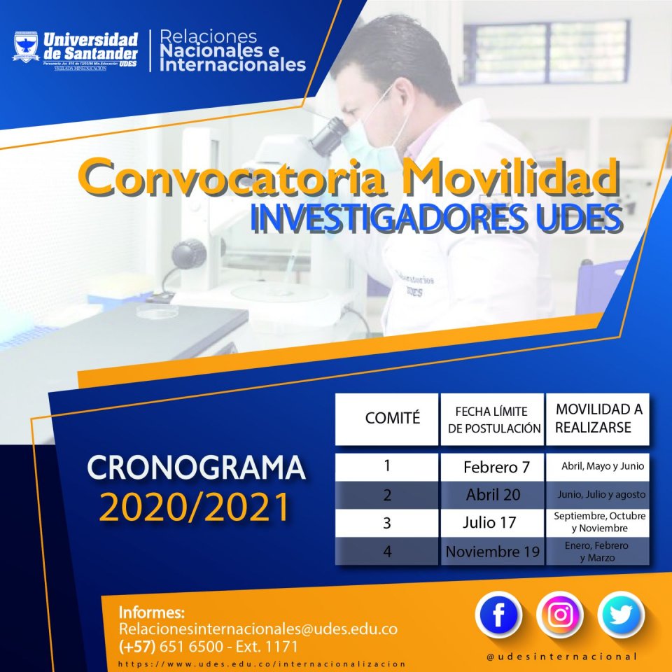 Convocatoria de movilidad investigadores UDES 2020 - 2021